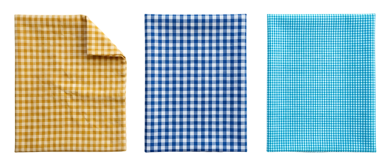 Three patterned fabric swatches displayed vertically featuring gingham and grid designs in yellow blue and turquoise on transparent background high quality