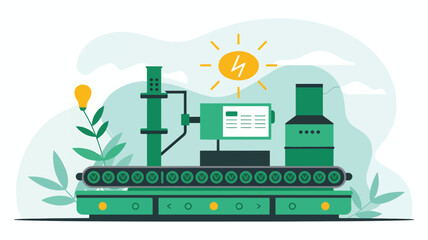 Green factory machine with computer screen and sun