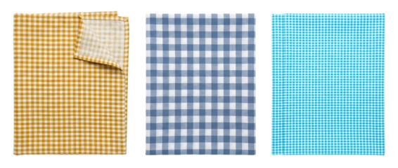 A set of three different colored gingham fabric textures on transparent background high quality professional detailed modern elegant stylish clean crisp