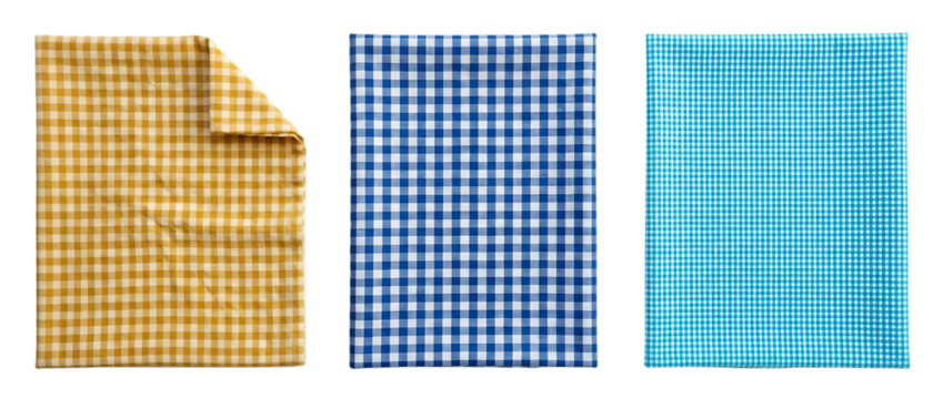 Three patterned fabric swatches displayed vertically featuring gingham and grid designs in yellow blue and turquoise on transparent background high quality - Powered by Adobe