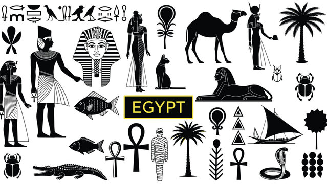 Ancient Egypt symbols collection, pharaoh gods hieroglyphs, ankh scarab sphinx camel, black vector set, isolated on white background illustration design