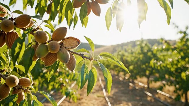 Almond Tree Branch in Orchard - Close-up view of ripening almonds growing on a tree branch in an orchard on a sunny day.
