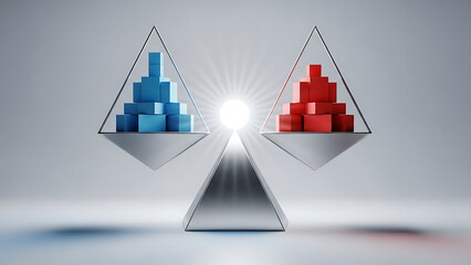 Blue and red cubes perfectly balance on a central scale.