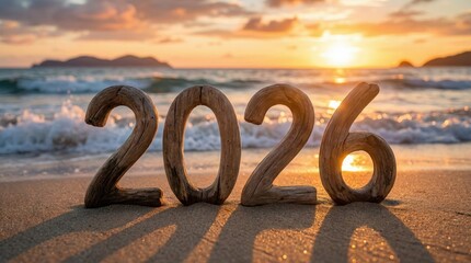 2026 new year celebration on tropical beach,sunset view with wooden number decorations on sand,ocean waves and holiday atmosphere