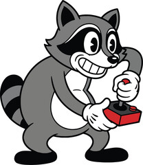 Obraz premium Retro Cartoon Raccoon Using Arcade Joystick in Rubber Hose Style – Fun Vintage Gaming Mascot Vector Illustration