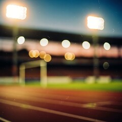 Blurry soccer field with floodlights at dusk