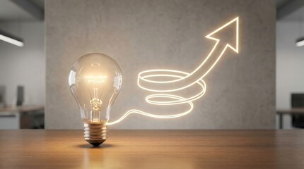 Glowing lightbulb with upward arrow idea path on desk,inspiration and business growth concept,creativity and innovation in modern office