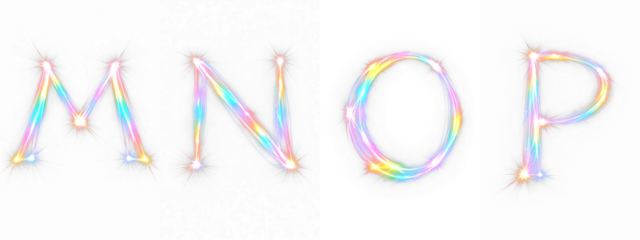 Letters glowing effect. Transparent background PNG mega set. Refraction glowing rainbow colored glowing neon lights. M N O P