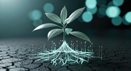 Digital Plant Growing From Cracked Ground Representing Artificial Intelligence Network Data Connectivity And Sustainable Future Technologies With Bokeh Background 200