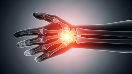 Carpal tunnel syndrome and wrist joint pain anatomy. Hand surgery and orthopedic medical care. Transparent hand skeleton with bright glowing inflammation point in the wrist