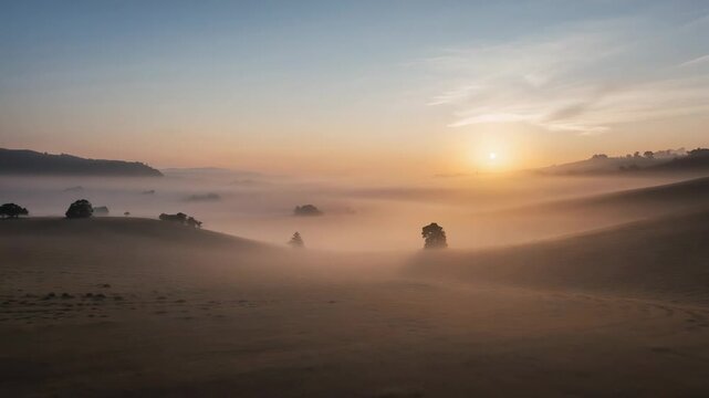 Rising sun warming misty rolling hills at dawn, thinning low fog and revealing tree silhouettes