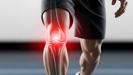 Knee joint pain and patellar tendonitis anatomy. Sports medicine and orthopedic recovery. Close up of male legs with glowing red skeletal knee joint showing inflammation during movement