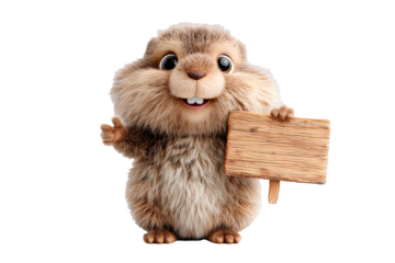 Cute cartoon groundhog stands holding a wooden sign with a friendly expression in a bright setting during daytime