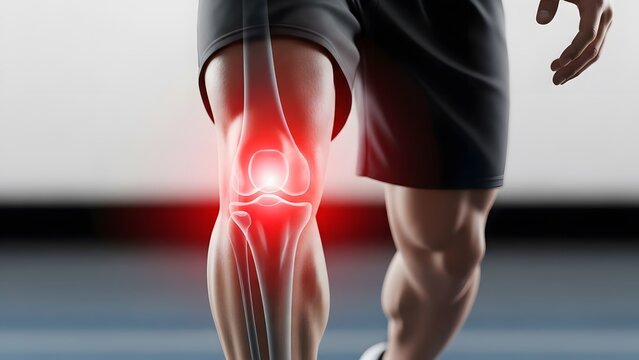 Knee joint pain and patellar tendonitis anatomy. Sports medicine and orthopedic recovery. Close up of male legs with glowing red skeletal knee joint showing inflammation during movement
