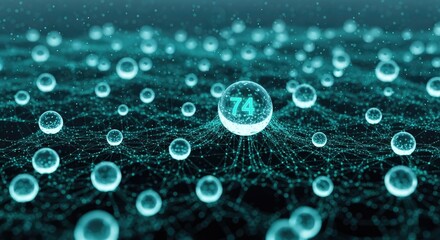 Abstract futuristic network with glowing spheres connected by lines technological innovation blockchain concept digital connection data transfer node with number 74