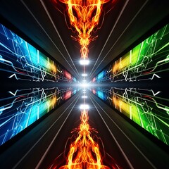 Futuristic tunnel with neon lights and flames