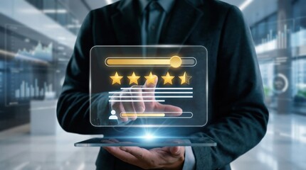 Businessman interacting with digital five star rating system on a virtual screen,concept of customer satisfaction,feedback and online review management in modern digital marketing