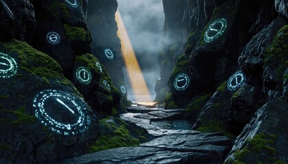 Glowing Magical Symbols Floating in Mossy Forest with Light Beam