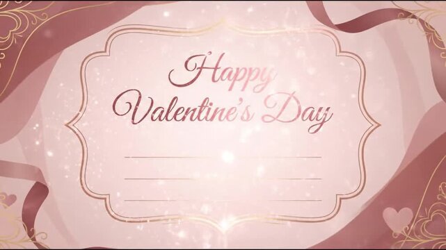 Ornate pink card with a decorative border glitter and a celebratory message featuring golden swirl patterns and hearts