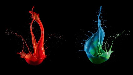 Vibrant red and blue ink splashes in water