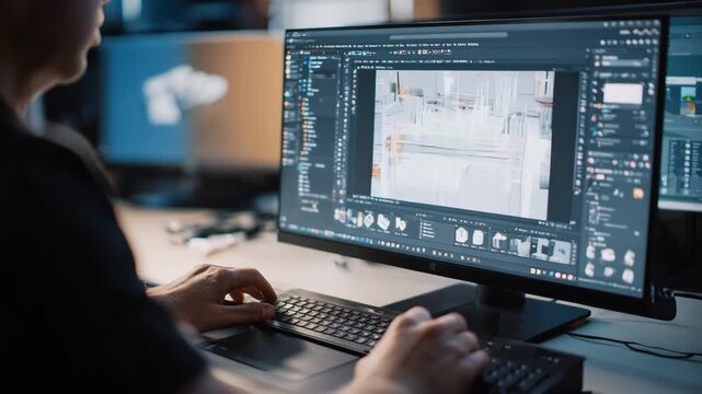 Medium shot capturing the creation of detailed 3D product renders on a computer screen emphasizing precision and realistic textures for digital storefronts.