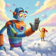 Playful imaginative artwork of child and giant robot high‑five in surreal whimsical clouds with fantasy narrative