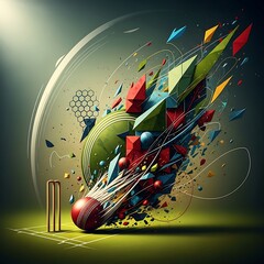 Cricket ball hitting stumps with geometric shapes