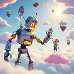 Playful fantasy artwork featuring surreal whimsical giant robot high‑five with child in cloud atmosphere design