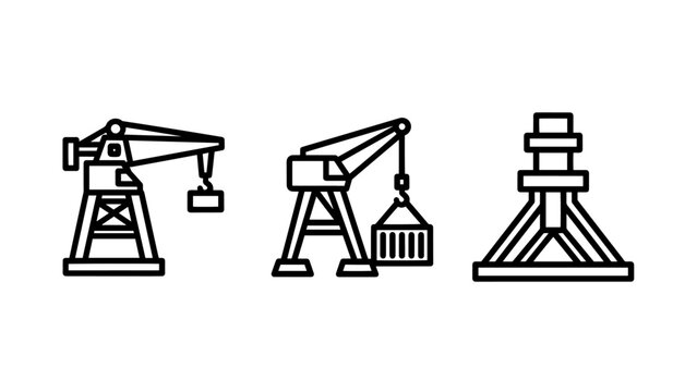Industrial Crane and Construction Machinery Icons: Port Logistics, Container Loading, and Heavy Engineering Structure