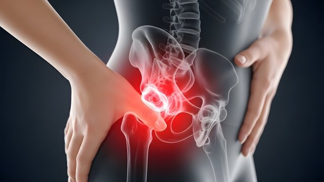 Hip arthritis and lower back pain management. Geriatric health and mobility. Woman pressing hand against painful hip joint with glowing red bone and skeletal illustration