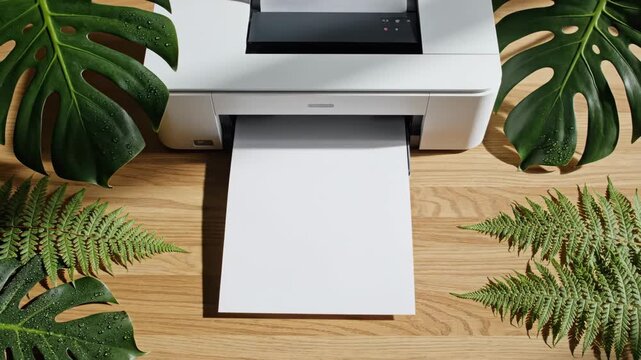 Printer with Monstera and Fern Leaves - Overhead shot of a white printer printing a blank white page on a wooden desk, surrounded by two large monstera leaves and two fern leaves.