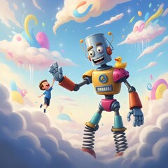 Child reaching to high‑five giant robot in surreal whimsical clouds creating imaginative narrative artwork concept
