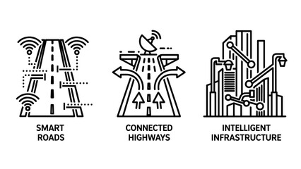 Obraz premium Icons illustrating Smart Roads, Connected Highways, and Intelligent Infrastructure for future transportation systems