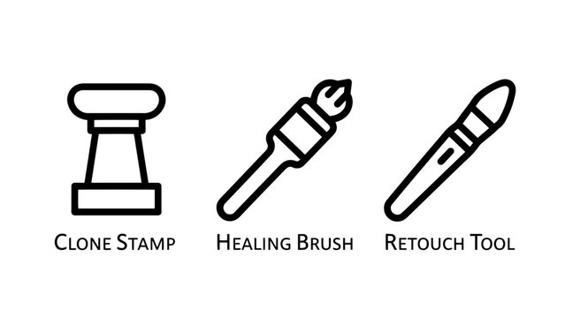 Icons representing photo editing tools: Clone Stamp, Healing Brush, and Retouch Tool for image manipulation