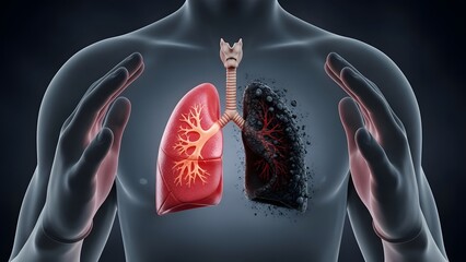Lung cancer awareness and respiratory failure prevention. Pulmonology and air pollution. Silhouette of man showing comparison between healthy red lung and black smokers lung