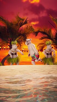 3D Render of Polar Bears Dancing on Tropical Beach at Sunset, Romantic Travel Getaway with Exotic Island, Palm Trees, Ocean Waves, Paradise Holiday