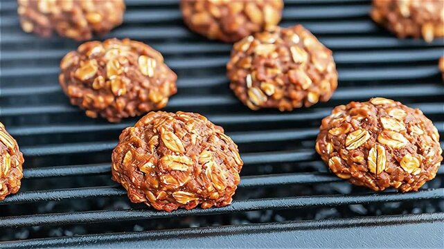 Oatmeal cookie dough balls placed on black grill pan rack ready for baking with warm cozy sweet snack texture and delicious aroma