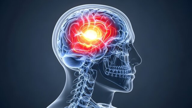 Seizure activity and epilepsy brain wave monitoring. Neurology and neurosurgery. Profile of a transparent head with a human brain showing a bright white glowing center of activity