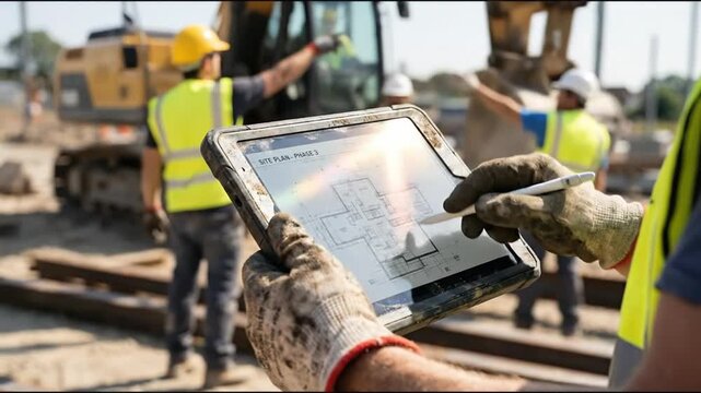 Person in work gloves reviews digital site plan on a rugged tablet with a stylus at a bustling construction site with heavy machinery and other workers