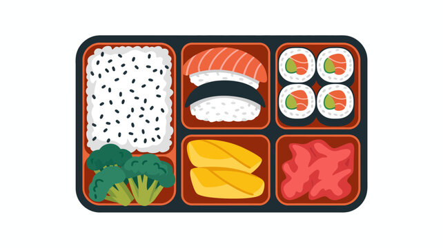 Colorful illustration of a japanese sushi bento box meal