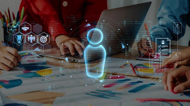 A vibrant workspace showcasing teamwork and collaboration, enhanced by digital overlays representing data analysis and project management for creative professionals. Raster