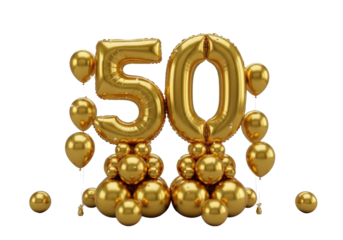 Gleaming gold foil '50' balloons over spheres and floating star confetti against a pristine transparent background, perfectly lit studio shot, concept of 50th anniversary achievement