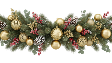Elegant Christmas Garland with Pine Branches, Gold Baubles, Berries and Pinecones Isolated on White