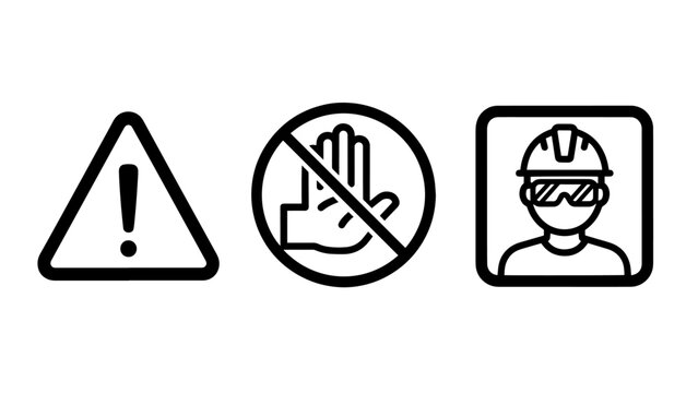 Icons for construction safety and warnings: exclamation mark alert, no entry hand, and worker with helmet.