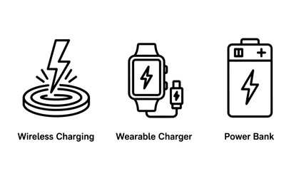 Icons for wireless charging pad, wearable charger, and power bank representing portable energy solutions and electronic device charging