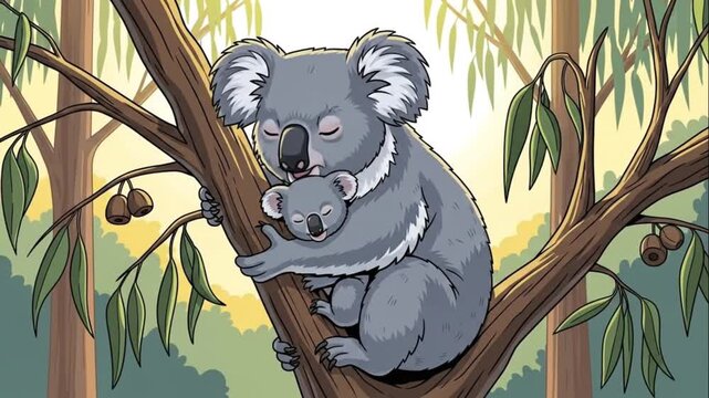 Koala Mother and Baby Sleeping on Eucalyptus Tree Illustration