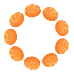 Turkish stuffed bun wreath in cartoon. Turkey pogaca with sesame. Traditional bakery, fresh pastry, baked goods with seeds sprinkles for breakfast menu.