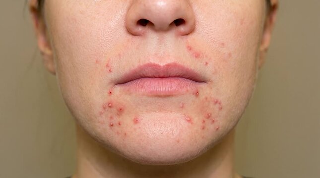 Perioral Dermatitis Facial Rash Pattern, Close Up Lower Face with Red Papules Around Mouth Sparing Lips