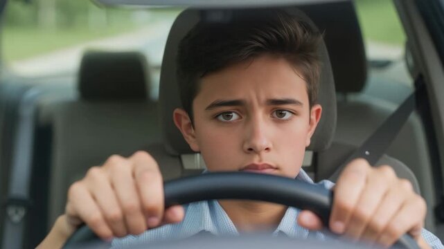Gripping steering wheel, teen holding firm while practicing driving in suburb, seatbelt, blue shirt