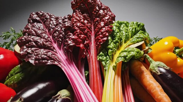 Vibrant Still Life Display Featuring Fresh Vegetables, Carrots, Peppers, Eggplant, and Swiss Chard